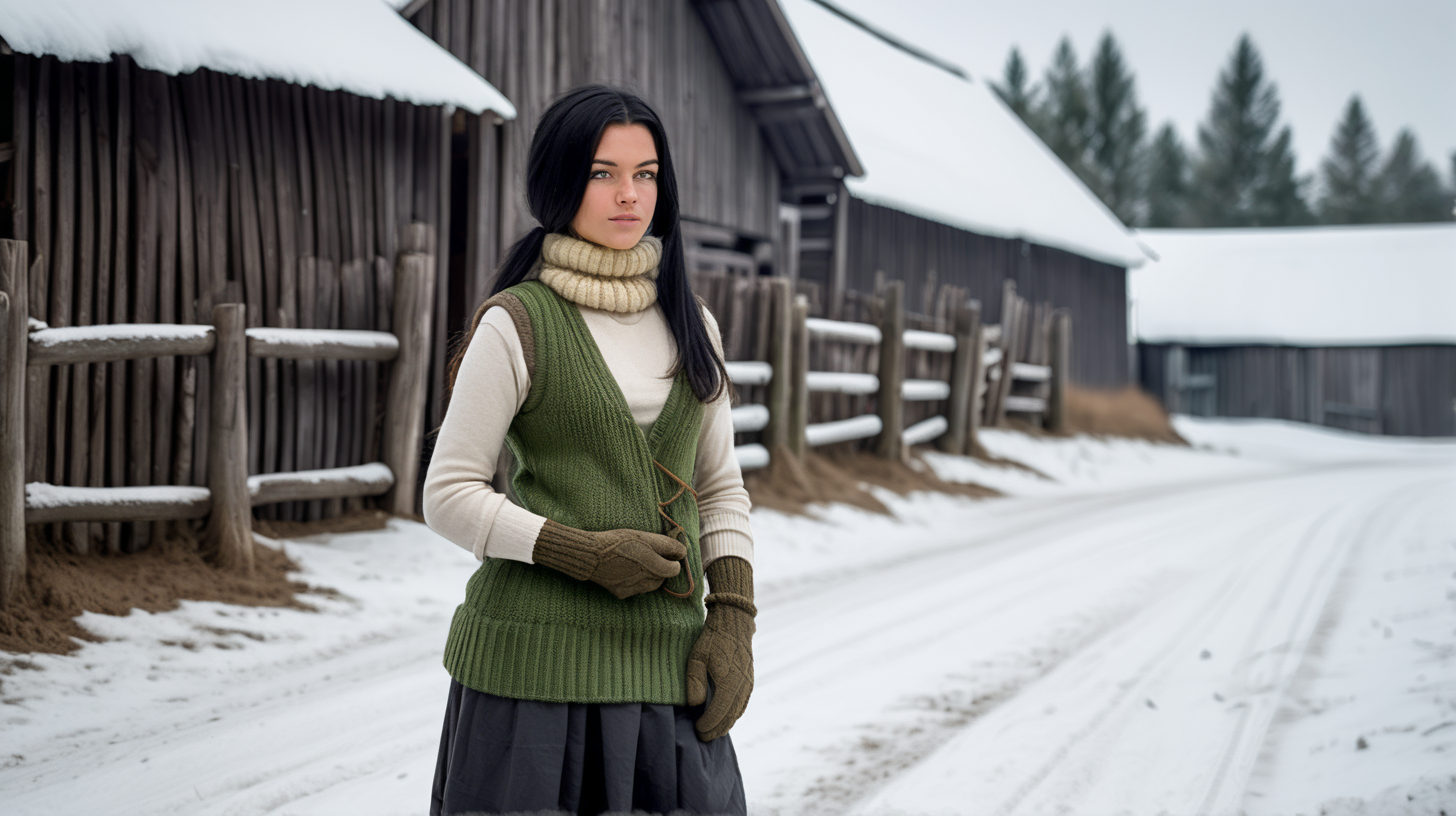 A beautiful peasant woman with long black hair and green eyes works in the pen in front of the barn. The peasant woman wearing black short rubber .Around her are seeps- black and brown. Earth is  transformed  in deep mud mud. The barn is surrounded by a fence of old wooden posts and wire mesh. It's winter, everything is covered with a thick layer of snow. Mud and snow mix.  Brown coarsely knitted woolen socks stick out from them - up to the middle of the leg and. On top of them, to keep her warm, she has put on green - brown, very wrinkled and crumpled woolen knitted gaiters. It is worn with thick elastic leggings, over it there is a short knitted skirt in black and brown. A chunky brown-gray wool sweater with a chin-high collar is snug around her. over it she wore an off-white furry sleeveless sweater with a triangle neckline. Above all this is a open short  quilted waistcoat in green. On his head he wears a thick knitted woolen gray hat . He also has a thick scarf sloppily draped around his neck. He also wears gray knitted woolen gloves. across the waist, a thin hemp rope is wrapped 6-7 times and tied with knot.