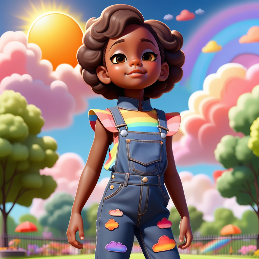 a black little girl with short brown hair with a denim sleeveless jumpsuit breastplate in a very colorful park with colorful clouds facing the sun