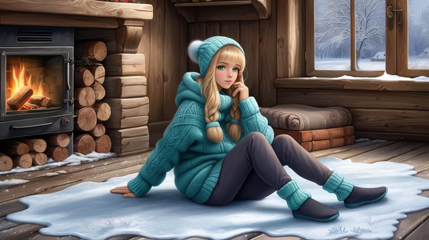 She is sitting on the floor in old Russian wooden country house with big fire place inside. Hand knitted woolen rugs on the floor. Deep snowy winter outside is night.
Hot 30 years blonde girl with green eyes wearing sweatshirts, hoodies, warm long trousers or extra thick tights, and thermal underwear. A long, warm coat is highly recommended. Not only will keep it insulated from the cold, but if you slip on the ice it will cushion you and protect your clothes. And of course, it goes without saying that you must bring a hat, scarf and gloves. Ideally, very warm gloves, a fur or wool hat which covers her ears, and a scarf which can be wrapped around her face as well.
Wearing warm pair of waterproof shoes, as Russia’s sidewalks and streets transform into a quagmire of slush and snow during winter. Shoes should have grippy treads as ice is often more problematic than snow, and the pavement can turn into an uneven mountain of black ice. Make sure to bring warm hand knitted socks, preferably those sold in hiking/outdoor shops.
