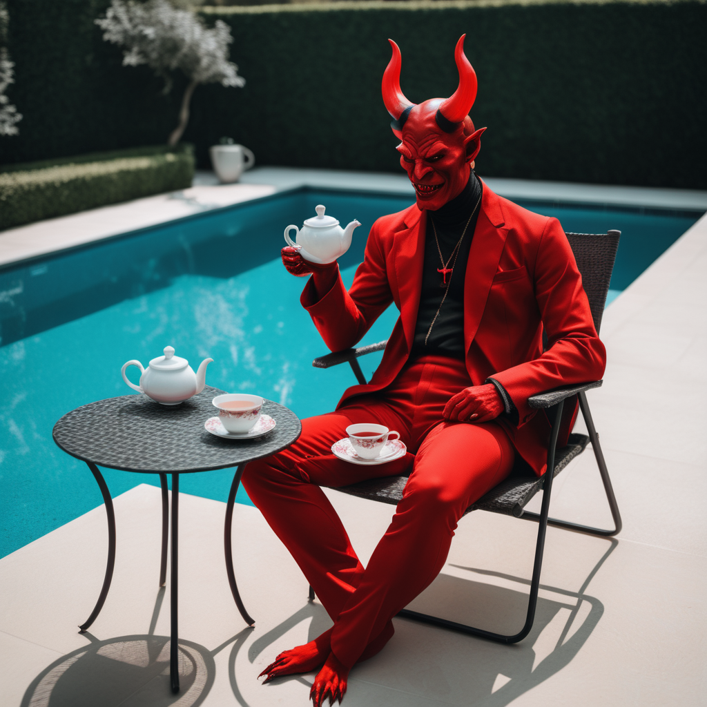 Devil having tea by the pool