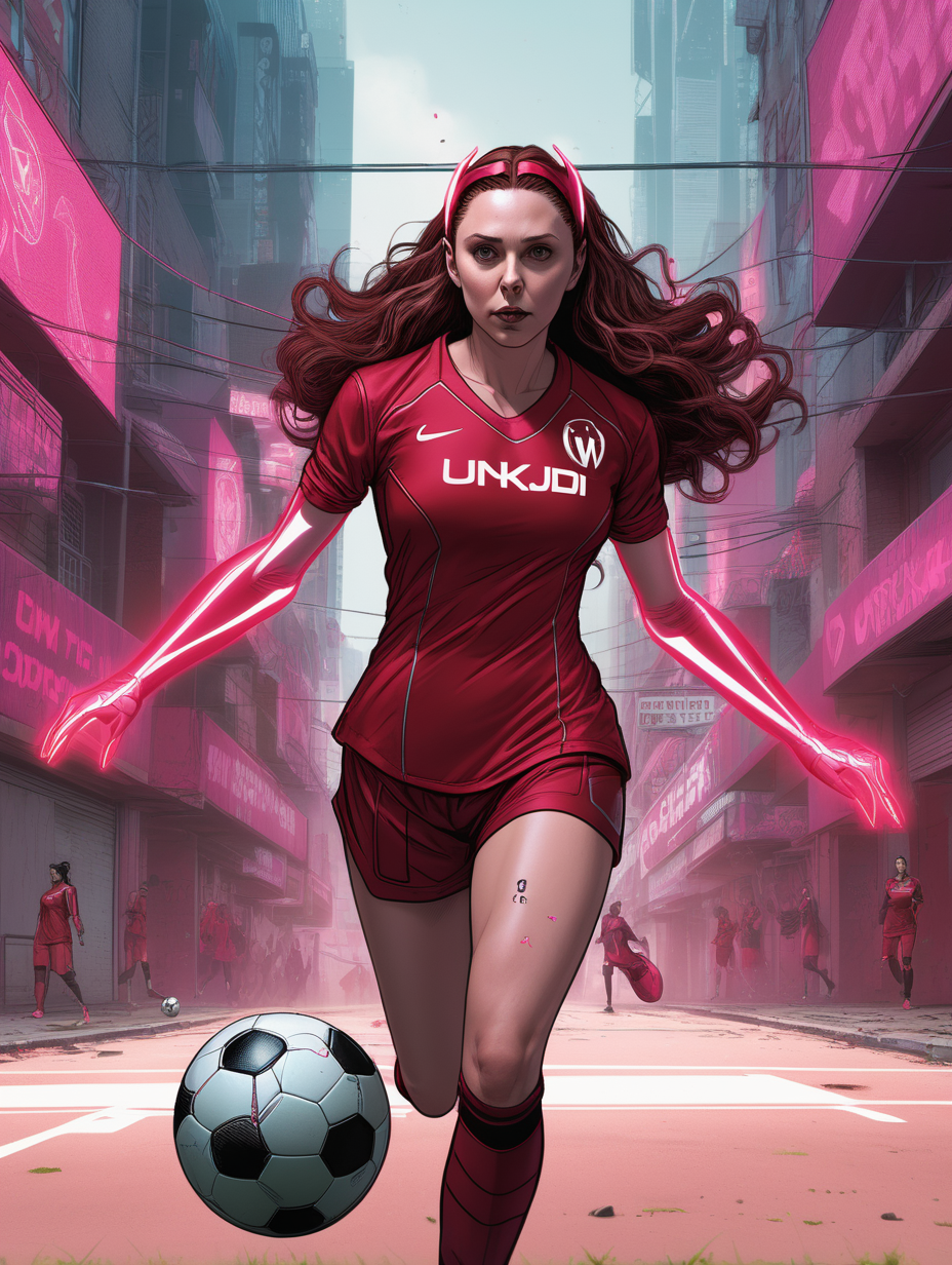 scarlet witch playing soccer in jersey that has UNKJD writing in cyberpunk street