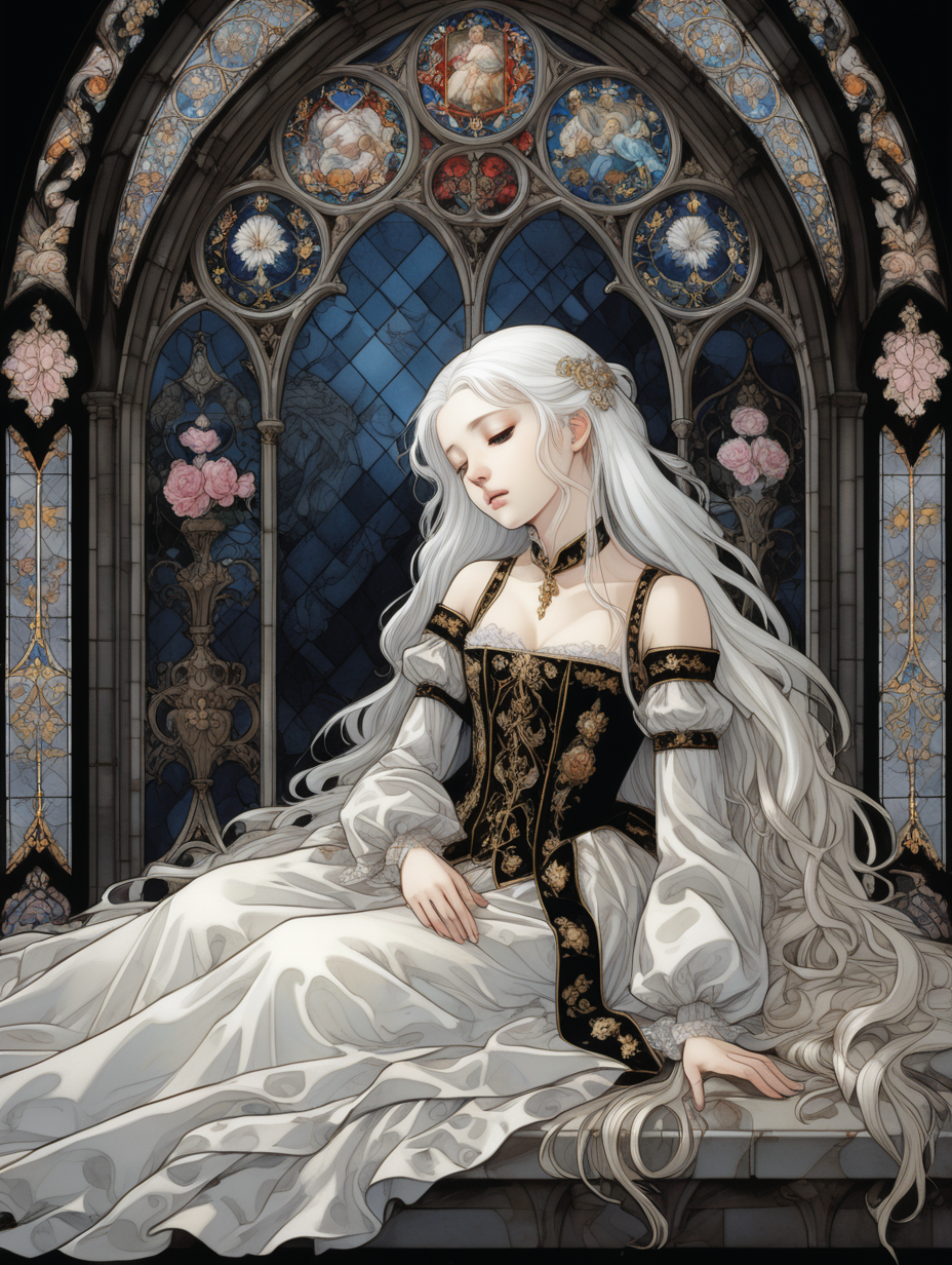  una princesa tumbada en una vidriera gotica que hay en el suelo. El fondo es negro. La princesa mira el suelo. Su vestido es rococo y hay motivos barrocos. Esta triste y su pelo largo y blanco esta rodeando su cuerpo. El estilo artistico es de Yoshitaka Amano.