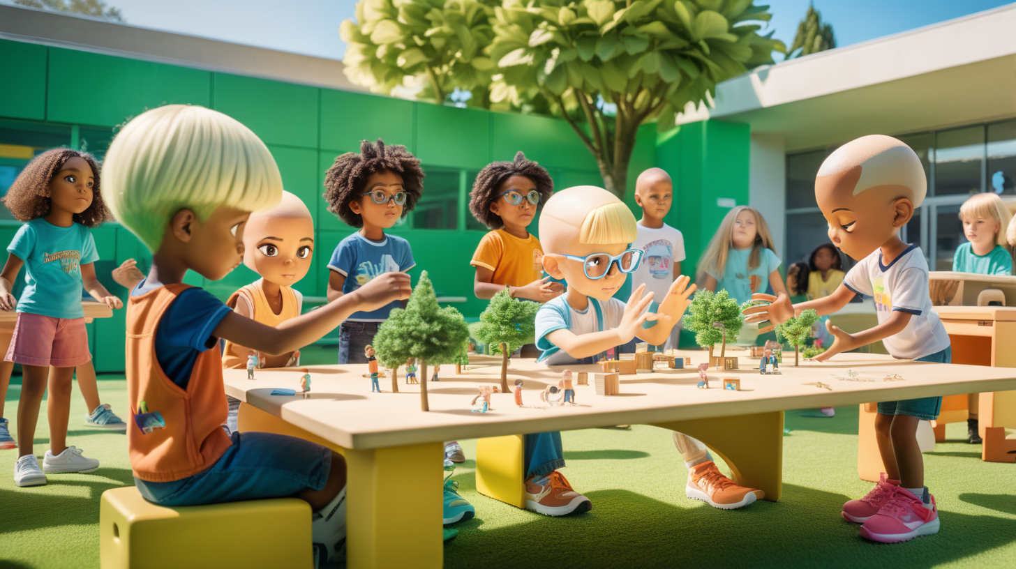 In a futuristic classroom, kids play in a simulation moving around furniture pieces with their hands. A teacher (mixed-race woman,  bleach blond shaved head) looks on as a group of kids is building the model of a school building with a trees and lots of colorful furniture. They are outside in a lush garden.
