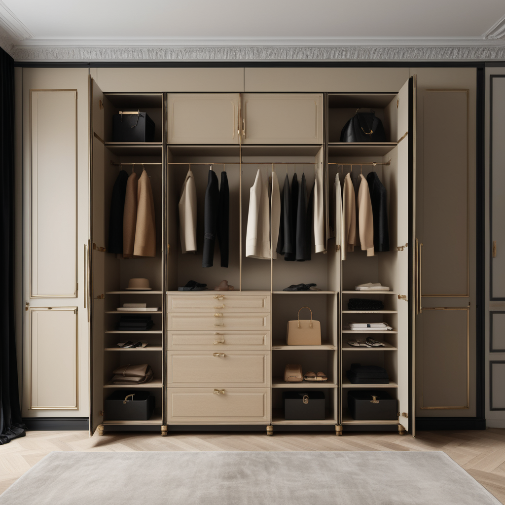 a hyperrealistic image of a modern Parisian  wardrobe  in beige, oak, black and brass 
