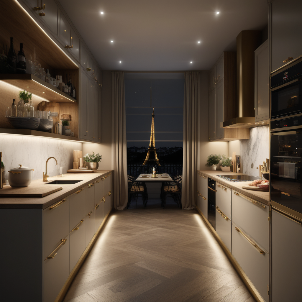 a hyperrealistic image of a grand modern Parisian 3x6 metre Galley Kitchen at night with mood lighting  in beige, oak, and brass 
