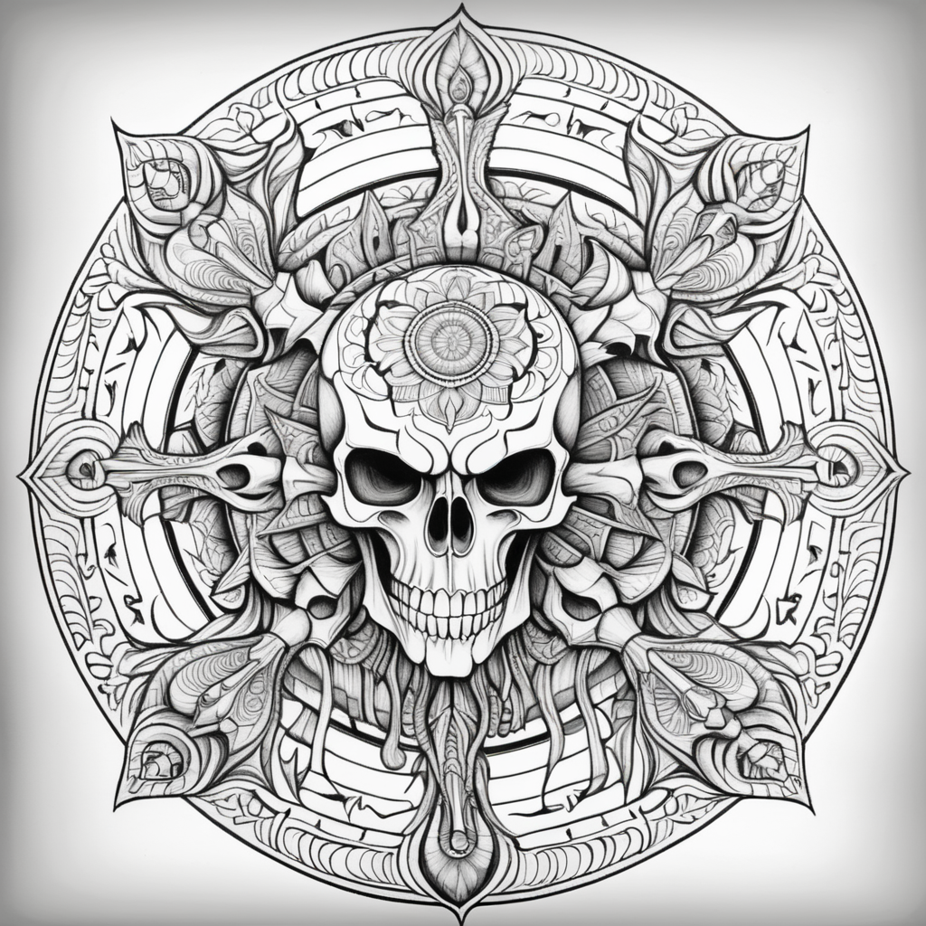 adult coloring book, black & white, clear lines, detailed, symmetrical mandala made of monster skulls