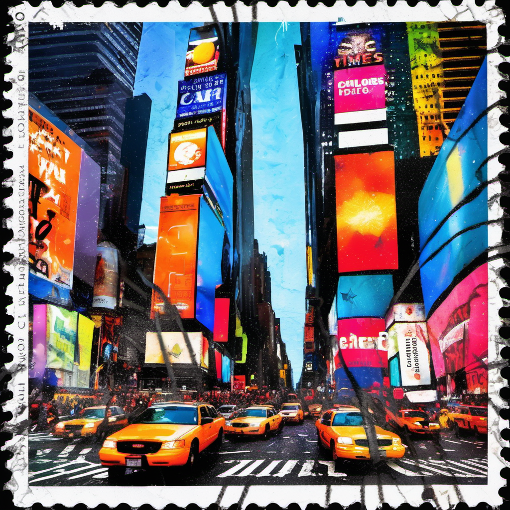stamp with the times square, new york, abstract, colourful, disstressed edges