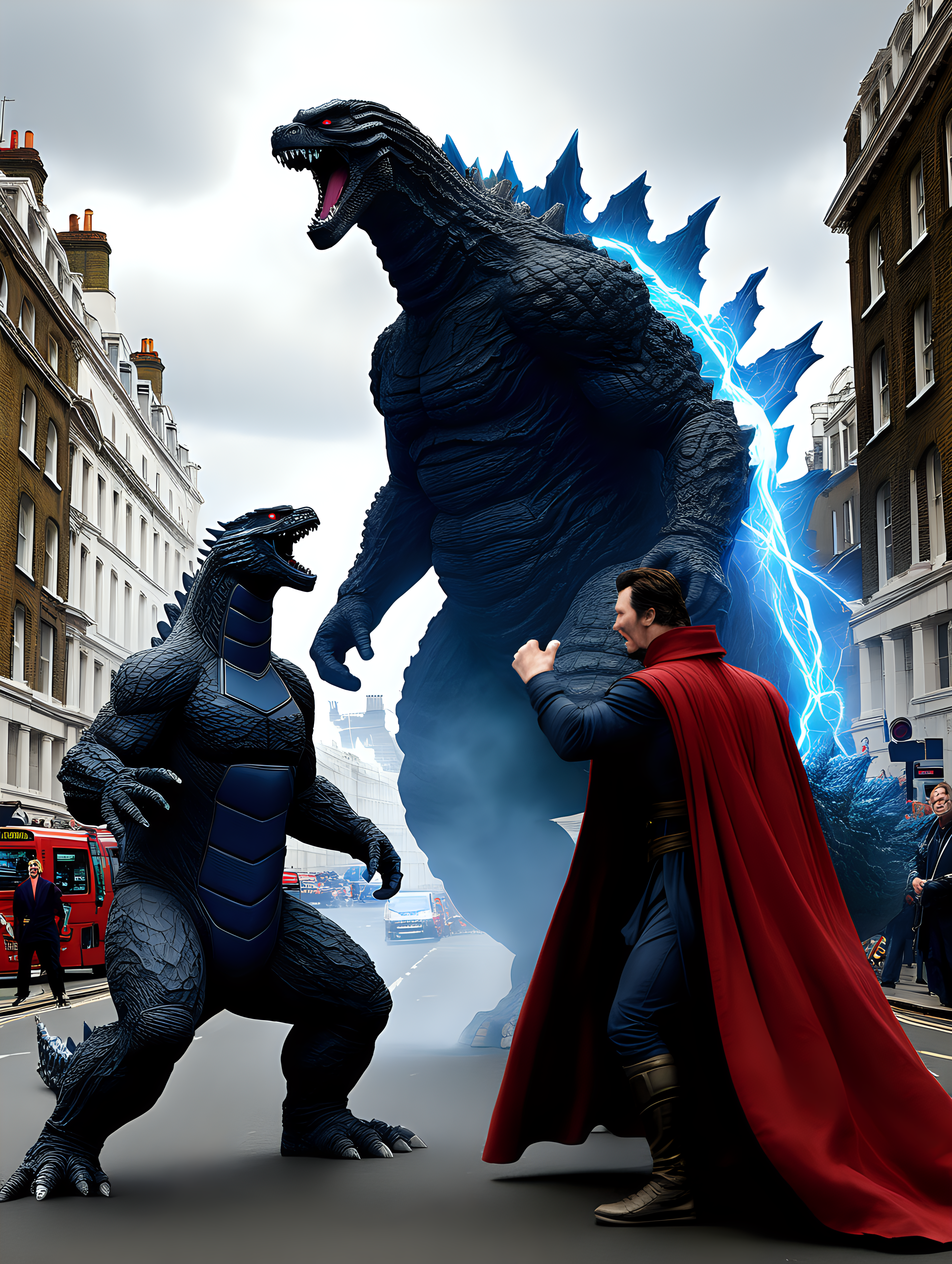 Godzilla fighting Doctor Strange in London