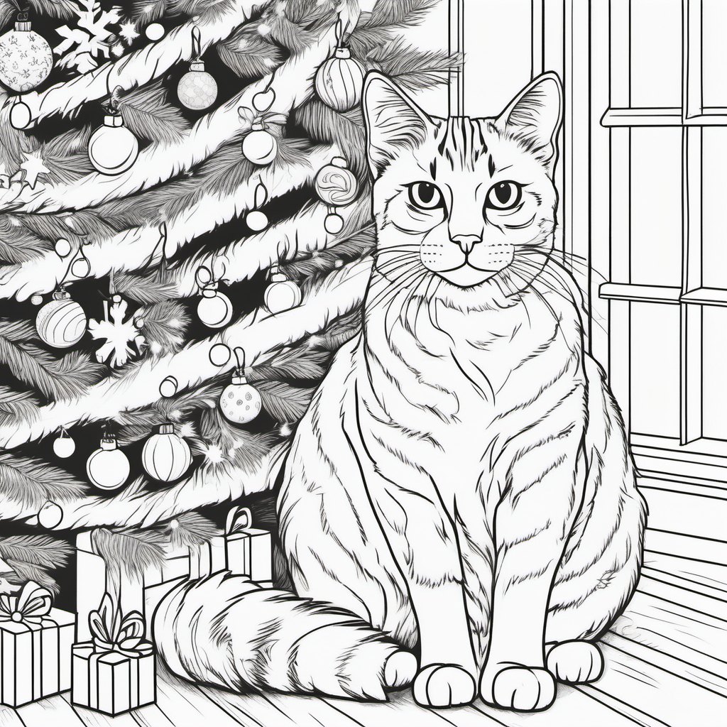 
coloring book page for adult, realistic cats christmas tree, thick lines, high detail, no shading, cartoon style
