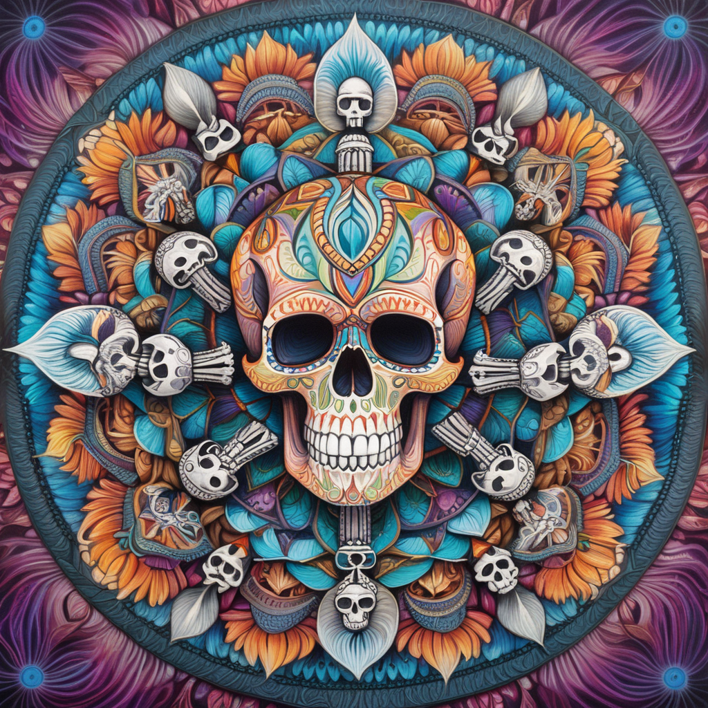 vibrant colors, clear lines, detailed, symmetrical mandala made of skulls