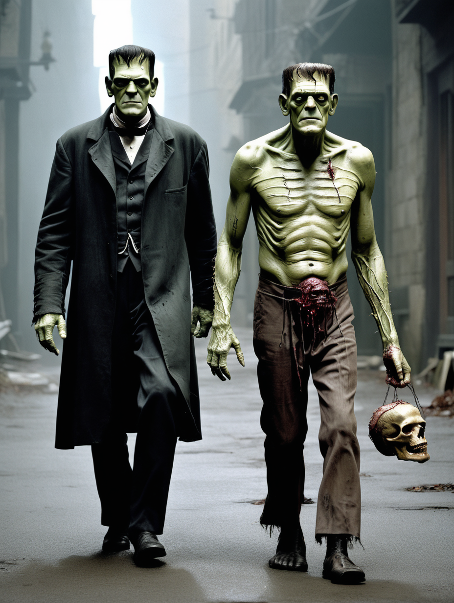 Frankenstein walking with a severed human head