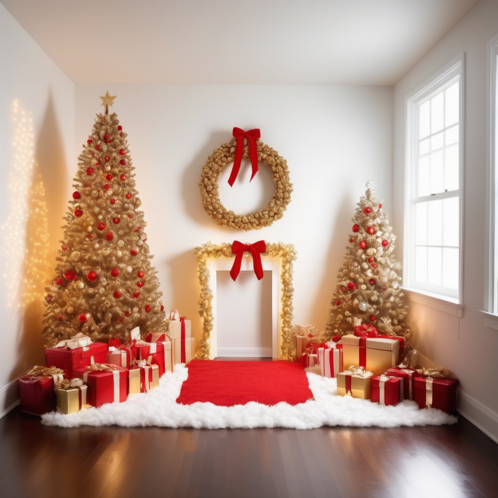 gold and white and red christmas photo studio set up without lights blurred
