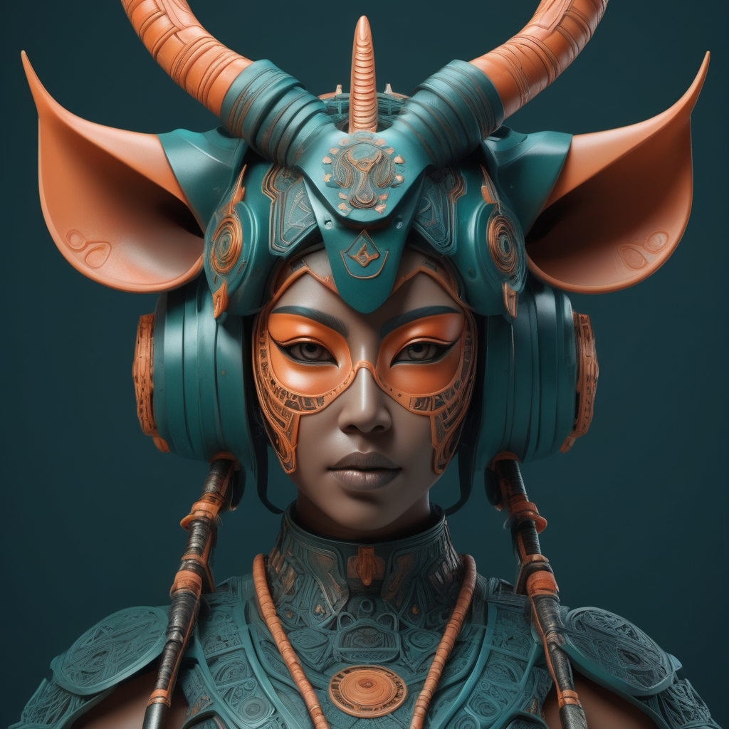 beautiful woman wearing horns and an army helmet