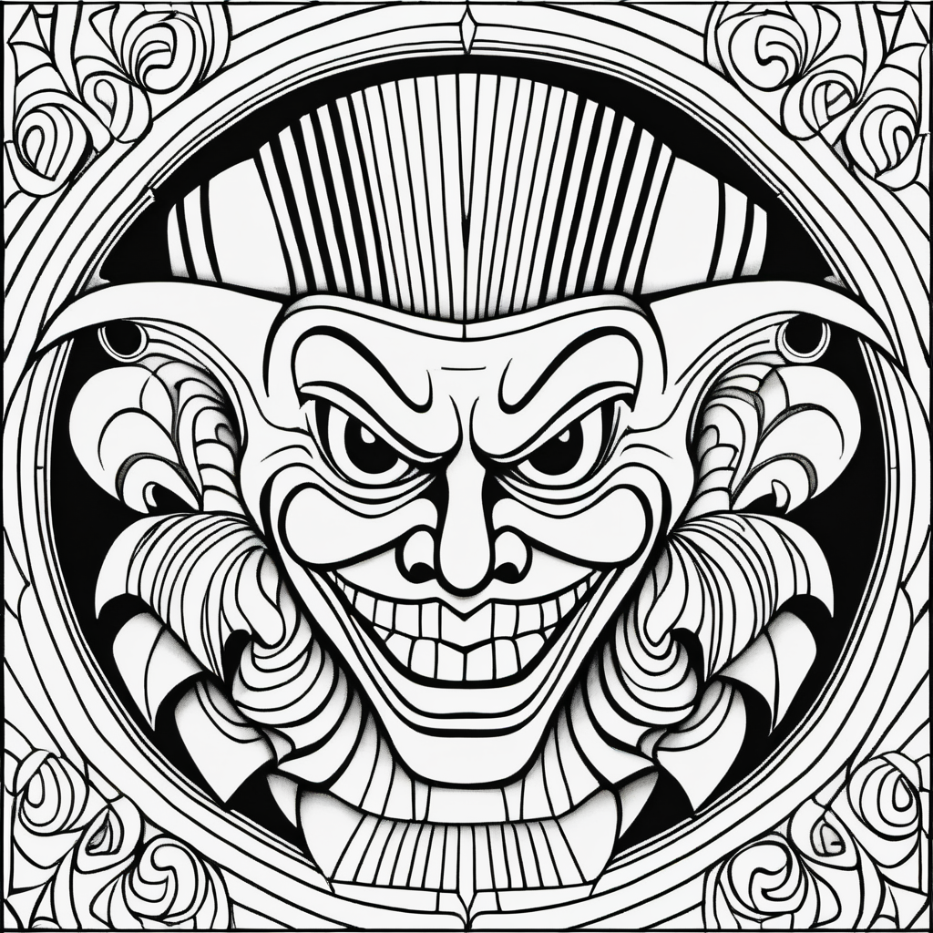 adult coloring page, black & white, strong lines, symmetrical mandala, evil clown in style of picasso