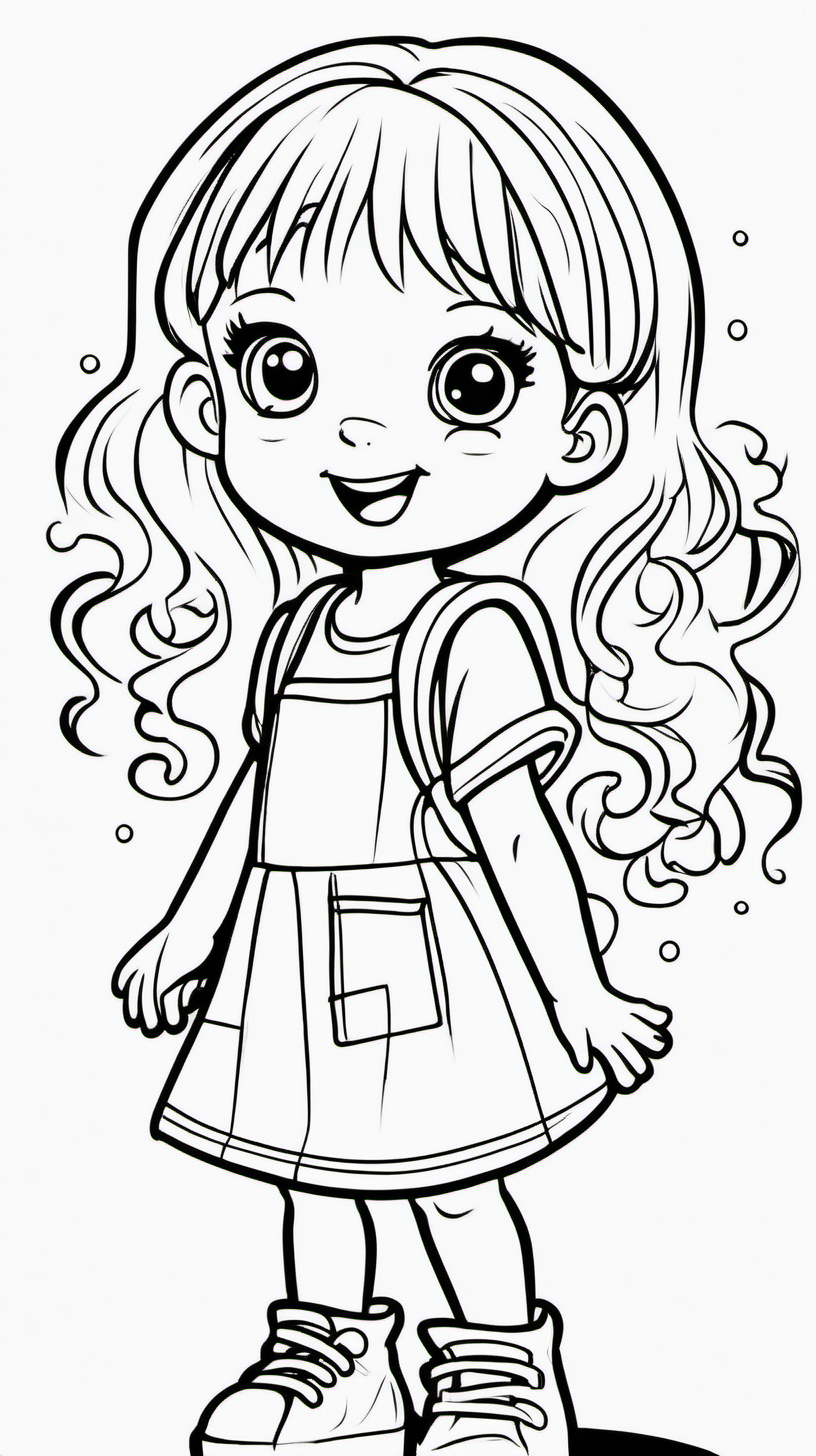 Little girl playing with a toy very happy. Coloring page for toddlers, basic cartoon, kawaii style, black and white, ink lines, smooth, anime style, simple, cute eyes, full body, white shoes, sketchbook, realistic drawing, free lines, on paper, character, art Clean, highly detailed line with no shadows