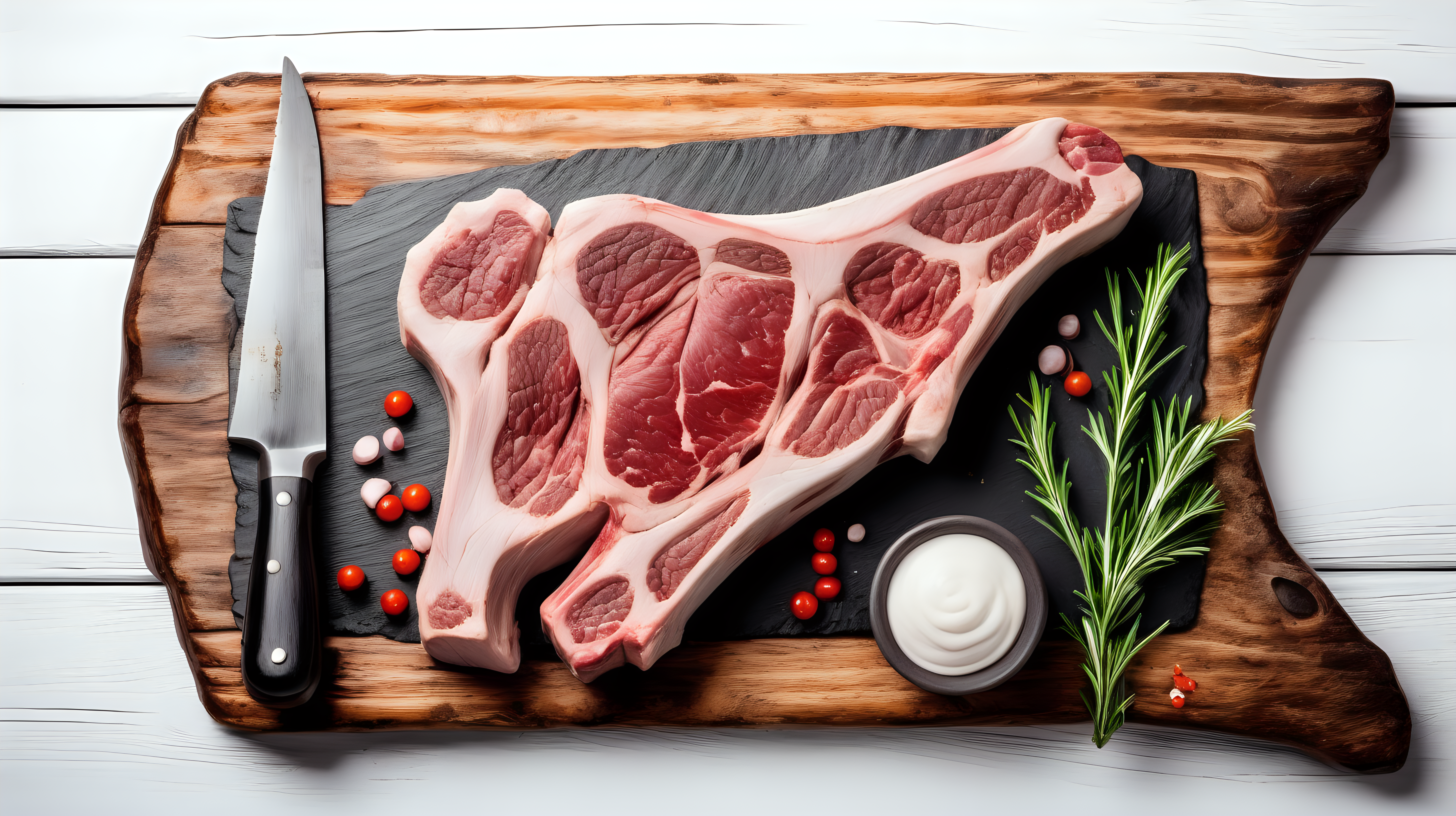 T-bone of goat meat on a wooden table, isolated on white background, copy space, photo shoot