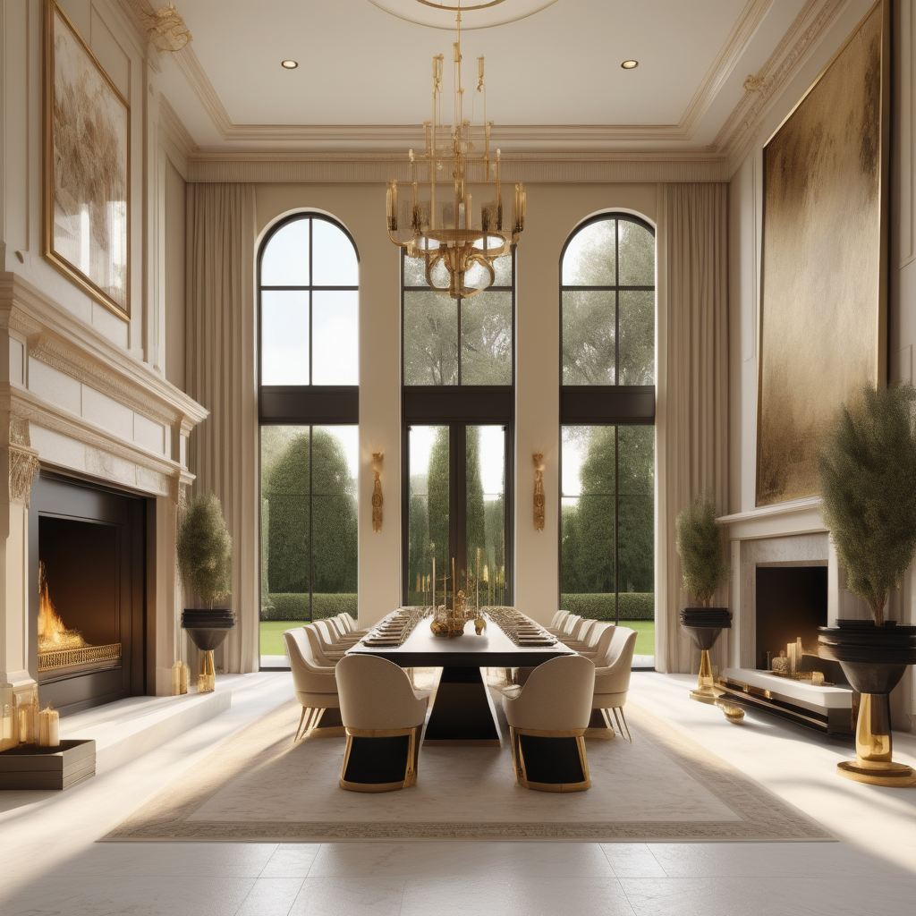 a hyperrealistic image of a grand modern estate home Dining room with fireplace, inspired by Jerusalem; Beige, oak, brass colour palette; vanity table; floor to ceiling windows with view of the gardens; 
