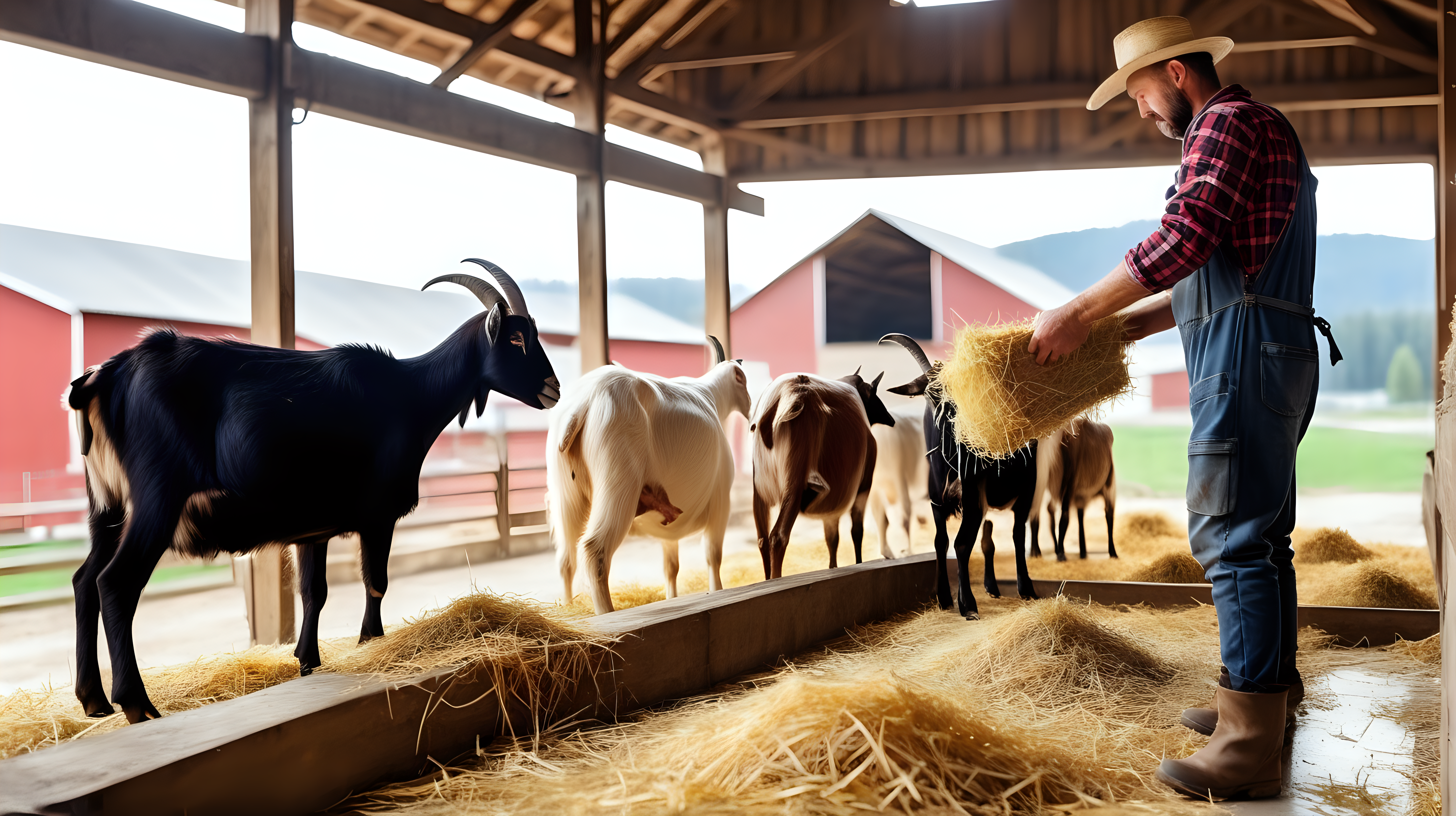farmer feeding hay for goat in stable, farm barn, isolated on background