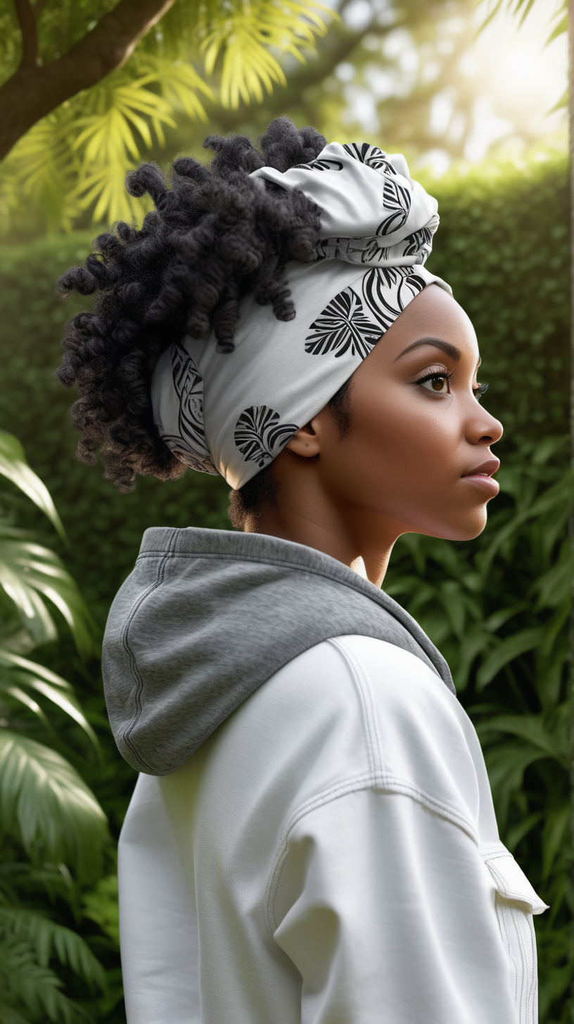 A beautiful, young Black woman, wearing curly black hair, wearing an anfrican print head wrap, standing against a lush garden background, Facing away from the camera, wearing a white, denim jacket, wearing a Heather Grey, hooded sweatshirt, lighting is over the left shoulder, from behind, pointing down ultra 4k render, high definition, deep shadows