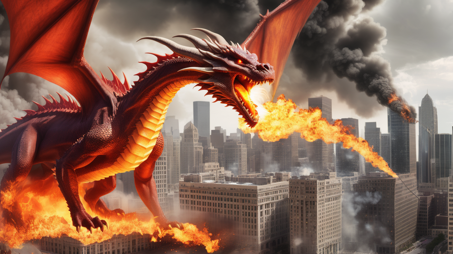 fire breathing dragon destorying a big city