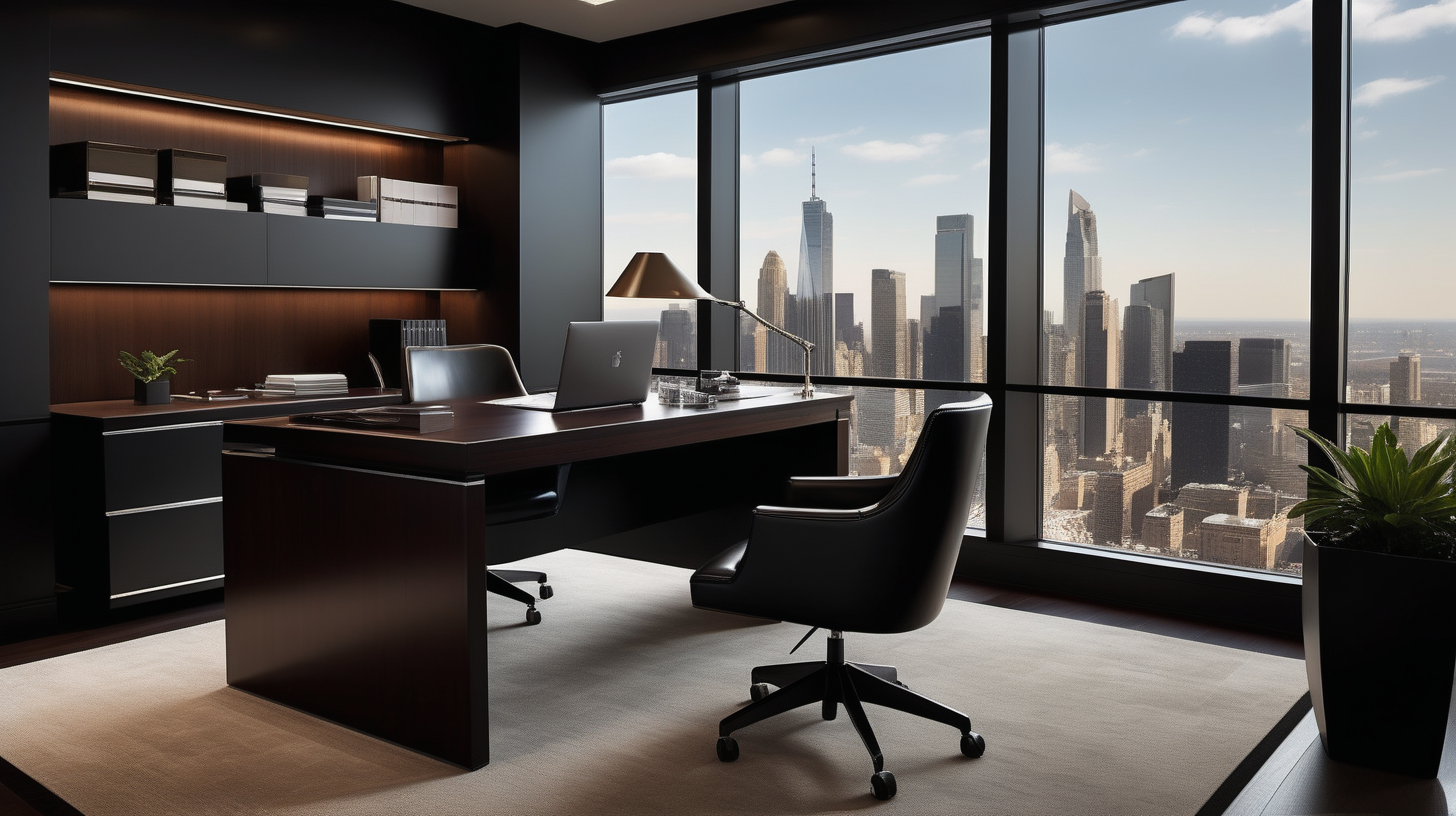 Craft an image showcasing an executive desk adorned with a sleek black leather chair against the backdrop of a sprawling panorama featuring the dynamic skyline of a financial district. Capture the essence of sophisticated minimalism with a play of dark tones accented by bright highlights, creating an atmosphere of luminous corporate elegance. Place an elegant plant on the floor for a touch of natural refinement. Envision the executive desk setting in rich, dark wood, exuding an institutional investor ambiance.Illuminate the scene with strategic office lighting to enhance the overall aesthetic, and ensure the presence of keys carefully positioned on the desk to subtly convey a sense of access and control in this professional and strategic workspace.