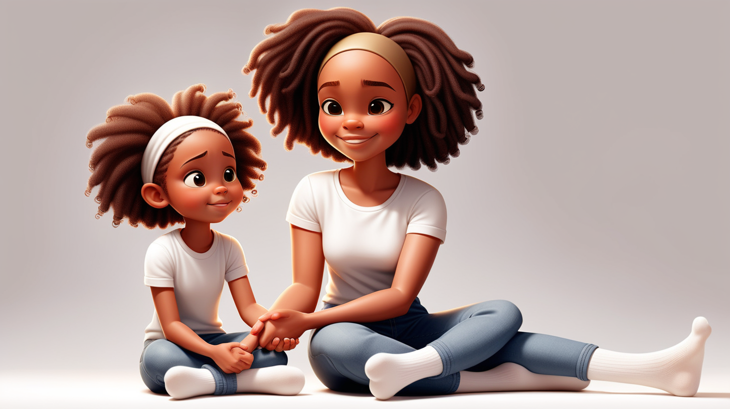 children's-book illustration: 

no deformities; 

White background behind 5-year-old, african-american girl, mahkai, and her mom. 


holding her hand: beautiful hands, detailed fingers. looking at each other. 

same clothing in each image. They are both wearing jeans and plain white t-shirts: 
vector art. 3d. natural, realistic looking. 

only two characters, mahkai and her mom only.

all whole total body photos, from top of head to feet.

full-length portrait photo: showing white socks on both characters feet.

full body shot photo. show white socks on feet in each image.