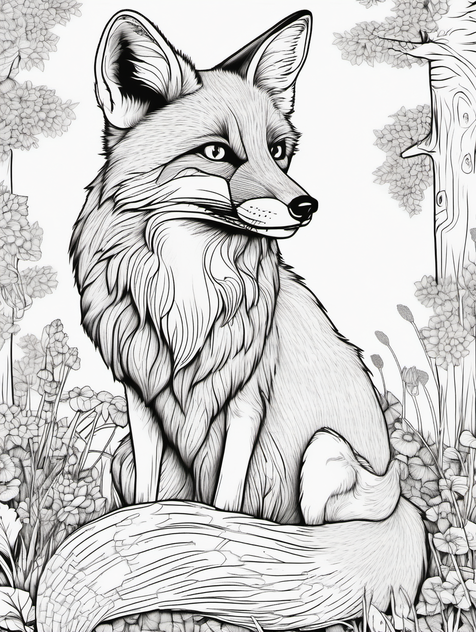 fox, coloring page, low details, no colors, no shadows