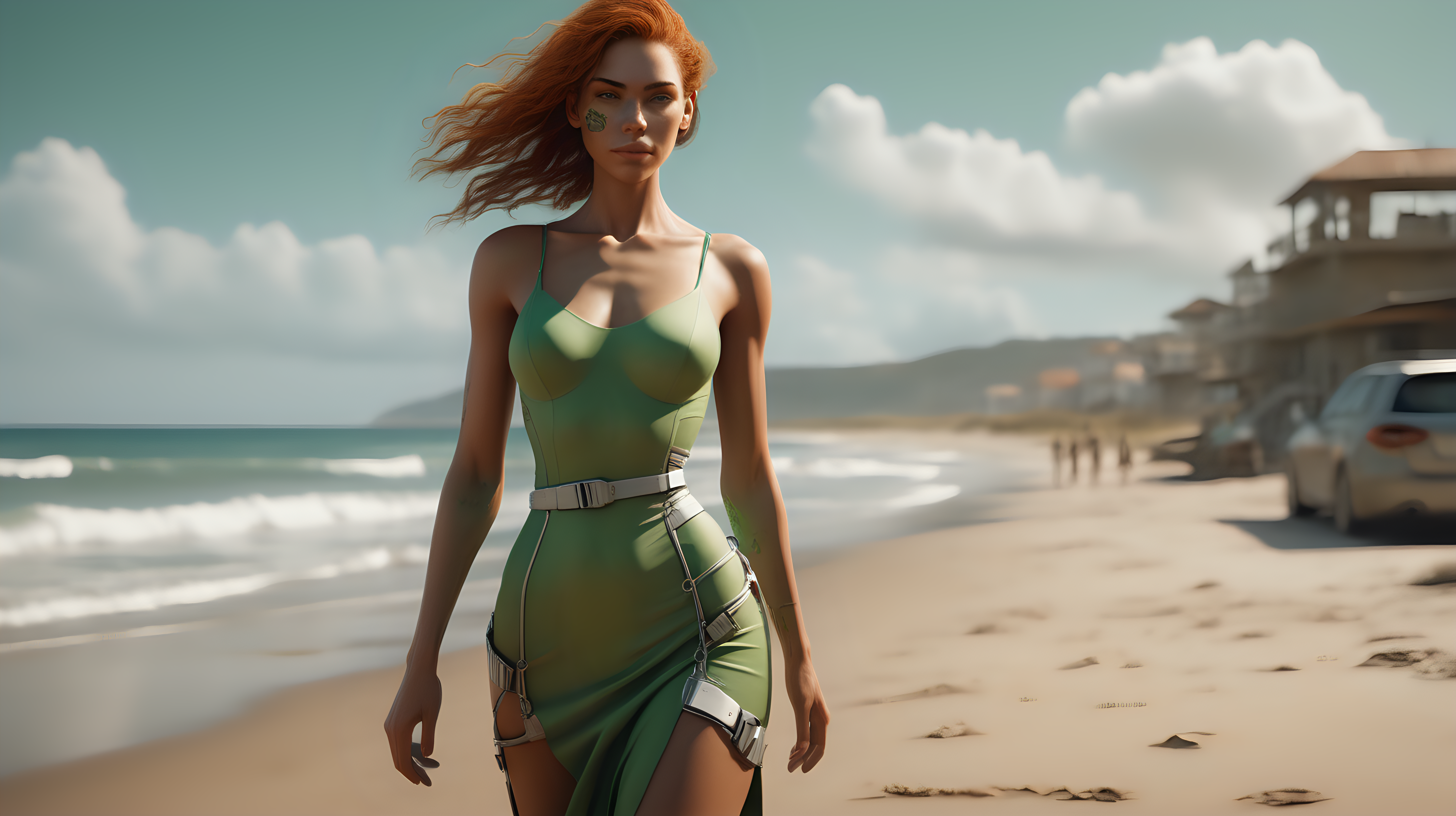 A woman cyborg in a delightful afternoon.
You can see the whole body, walking towards the camera, behind you can see the beach. She wears a green dress with thin fabric straps, which reveals the her mechanic body under the dress. Extremely realistic textures and warm colors give the final touch. Sharp focus and realistic shadows add to the scene. A perfect example of cinematic shot. Use muted colors to add to the scene