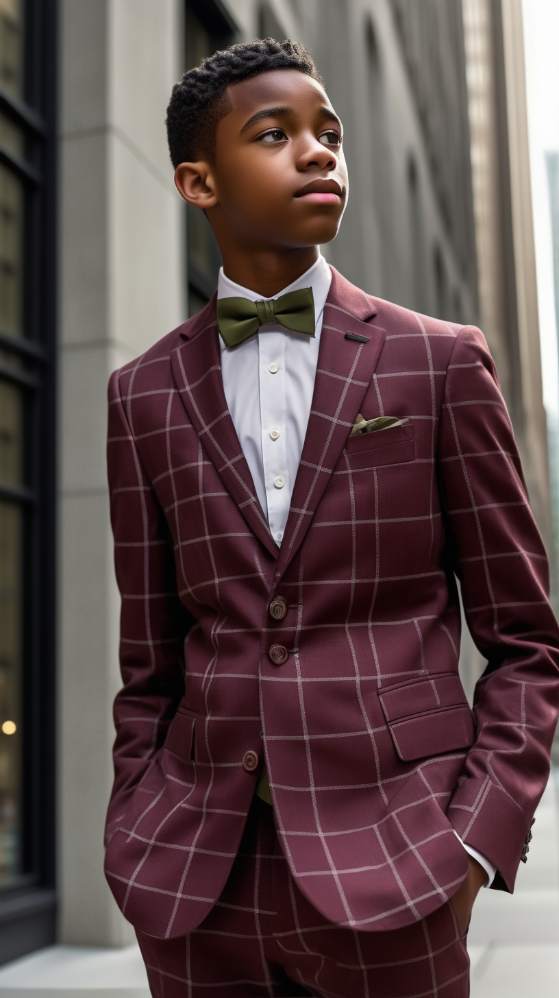 A handsome, intelligent black, male, teenager, with short hair, faded on the sides, wearing a Burgundy, pattern, bowtie, wearing a white, dress shirt, wearing an Olive Green, Window Pane pattern, two peice, gently tailored suit, standing outside of a corporate building, on Walstreet, in Ultra 4K, High Definition, full resolution, hyper realism