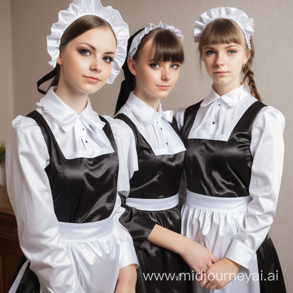 Two girls in satin long maid uniforms