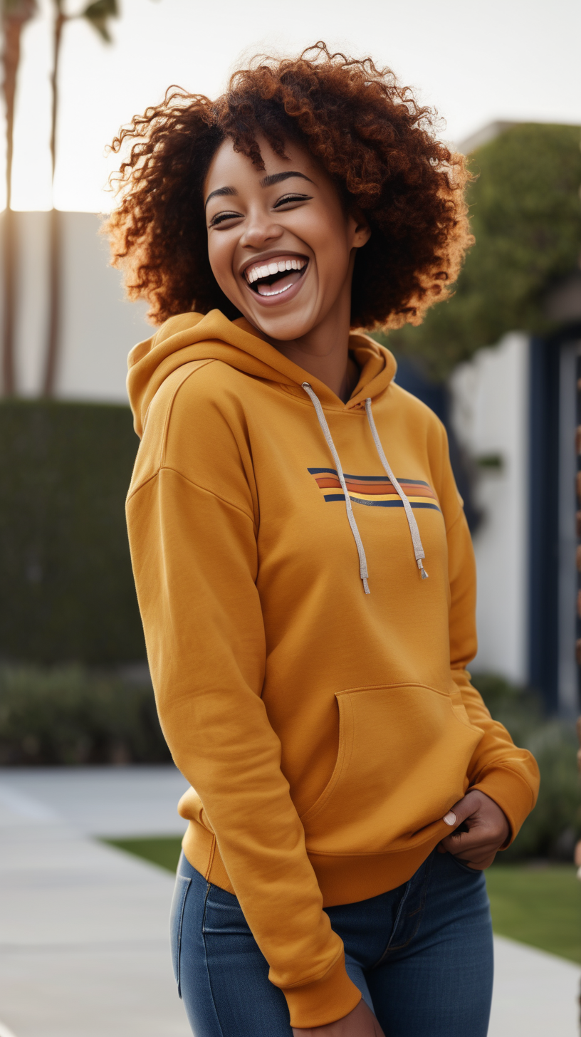 sexy, Black, Woman, laughing with joy, slim build, auburn, low 
 curly haircut, wearing a Mustard, hooded sweatshirt, wearing navy blue, denim, with the strip in LA,  in the background, 4k, outdoor light source, High Definition clear resolution