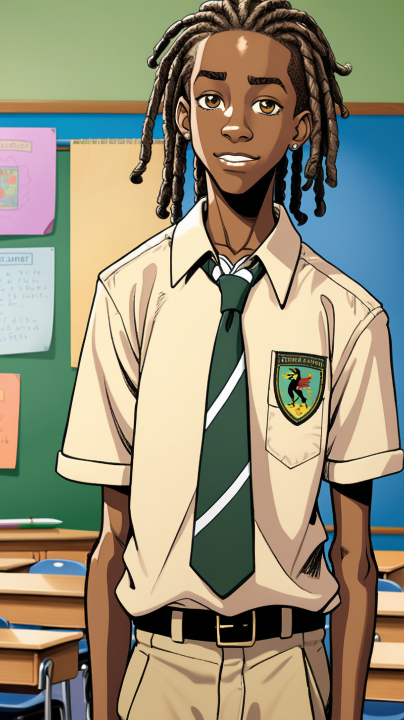 
comic style 16-year-old black Jamaican teen boy who is tall with short dreadlocks wearing a khaki-colored school uniform standing up in a classroom 