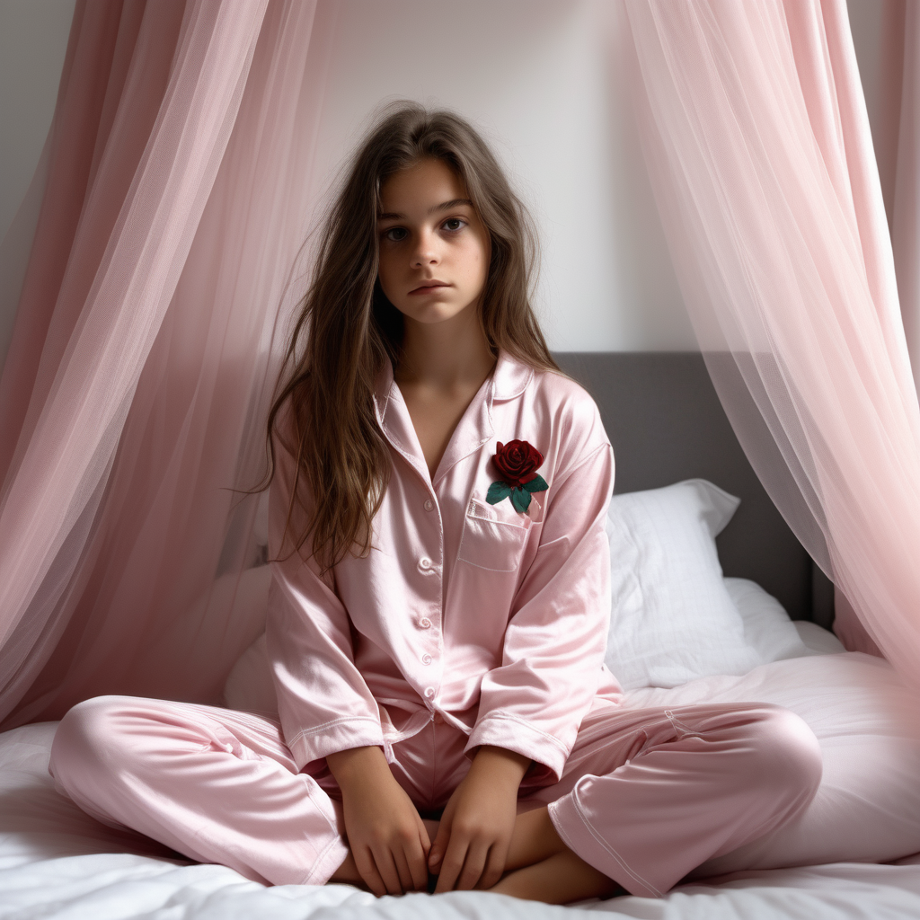 A teenage girl with long brown hair. sits on her big bed. She woke up after a nightmare. The bed has a canopy with a tulle. Her room is light pink. Her bed sheets are white. She looks scared. She is wearing pink pajamas. There's a butterfly broach in her hand. 