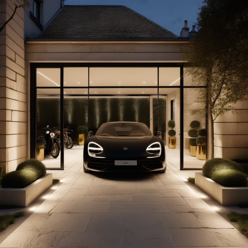 hyperrealistic modern Parisian garage at night; mood lighting;  Limestone pavers; glass wall with view of the gardens; beige, oak, brass and black colour palette; 

