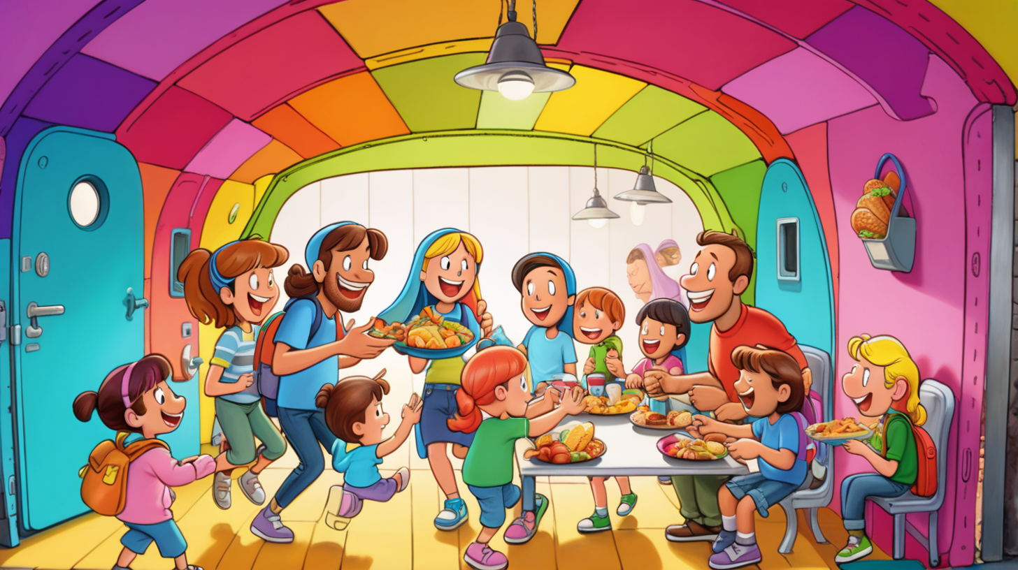 cartoon men women and kids leaving happily in a colorful shelter. Sharing food. 