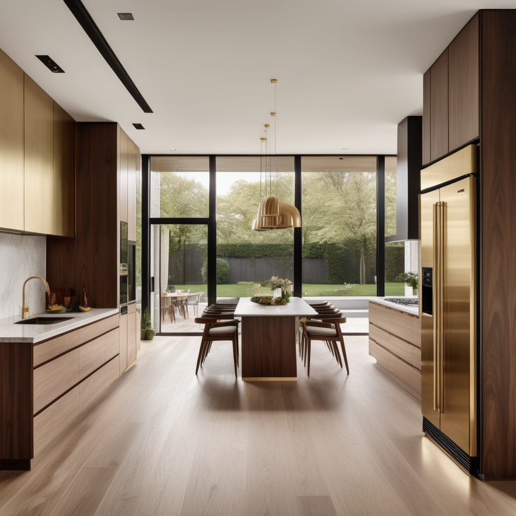 a hyperrealistic image of a contemporary home kitchen and dining room; beige, brass, walnut wood colour palette; floor to ceiling windows; integrated fridge;
