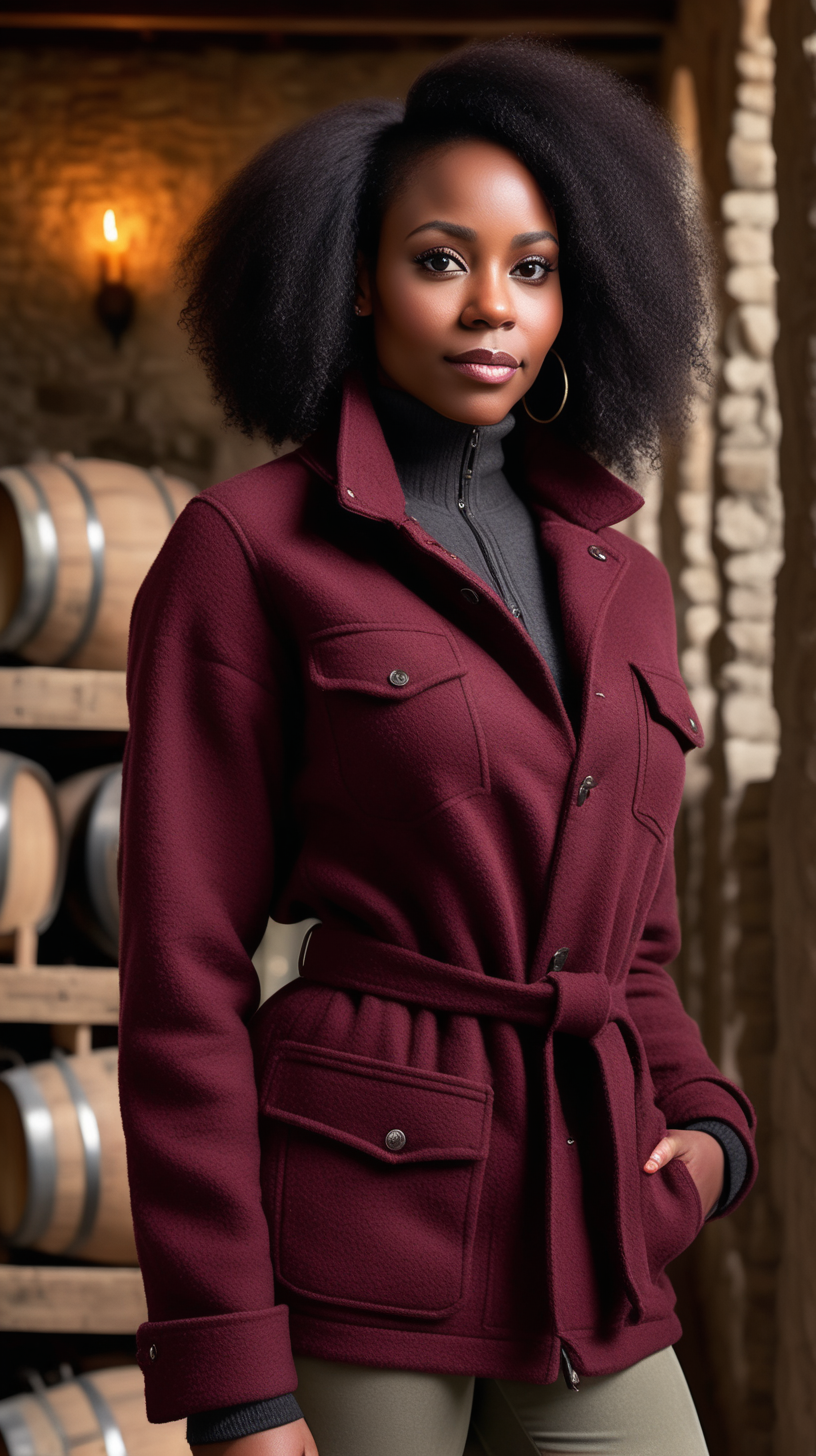 A cute, dark skinned, black woman, wearing feathered Black hair, wearing a maroon, three-quarter length, belted safari jacket, wearing a grey lambswool, mock neck sweater, wearing tight, Negro Jeggings, standing in a winery, View is close up, from the waist up, 4k, realism, high definition clarity, light sources are large candles, sconces on the wall 