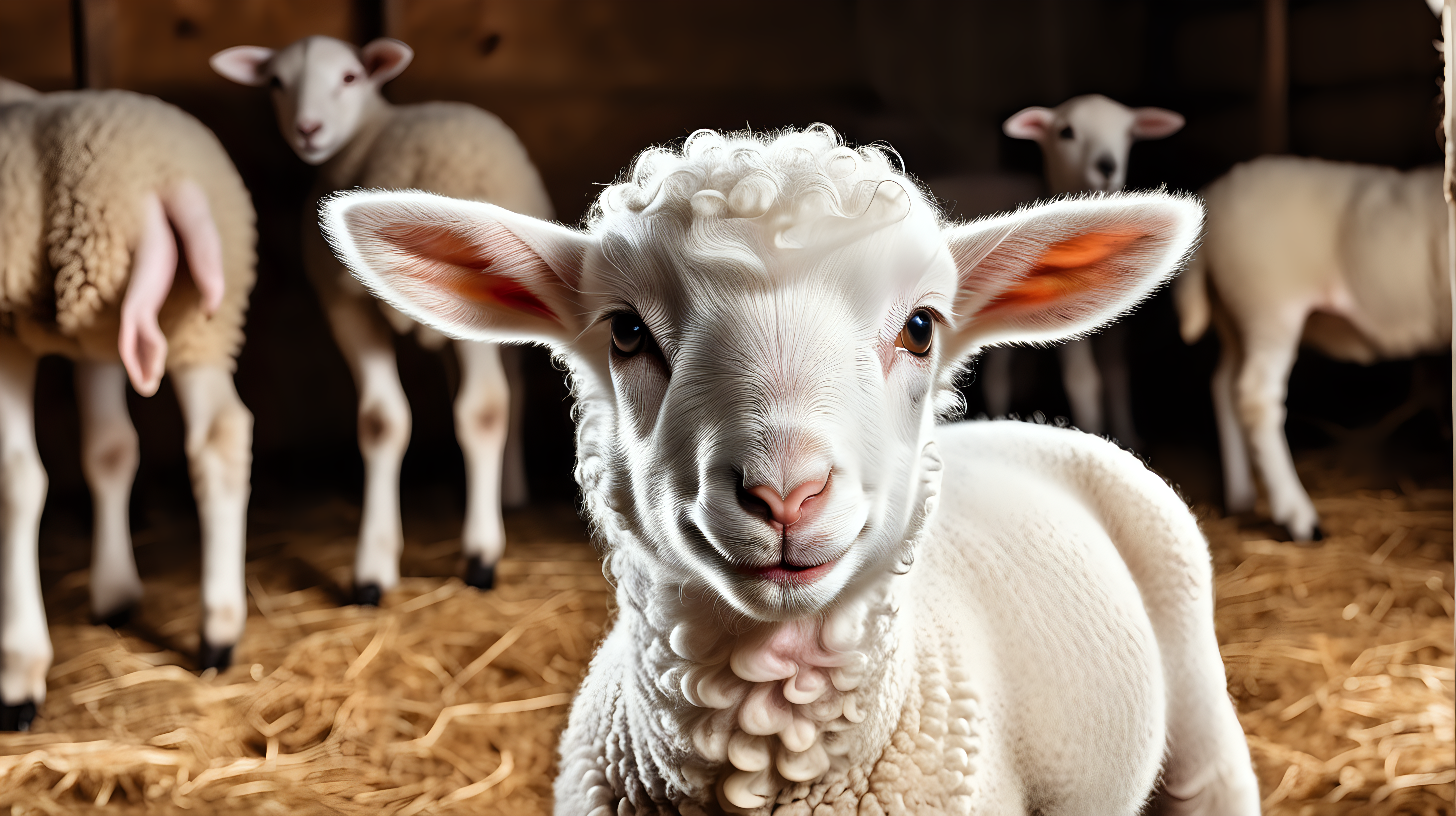 Portrait of a cute lamb on a background of sheep in the barn