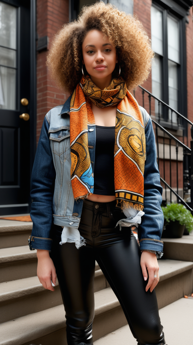 A beautiful, light skinned woman, wearing curly hair, Facing the camera, wearing an African printed scarf, a floor length, Levi's denim jacket, African printed fabric inserted in various places, wearing black leather pants, standing on the stoop of a Brownstone in Queens, ultra4k, high definition, hyper realistic
