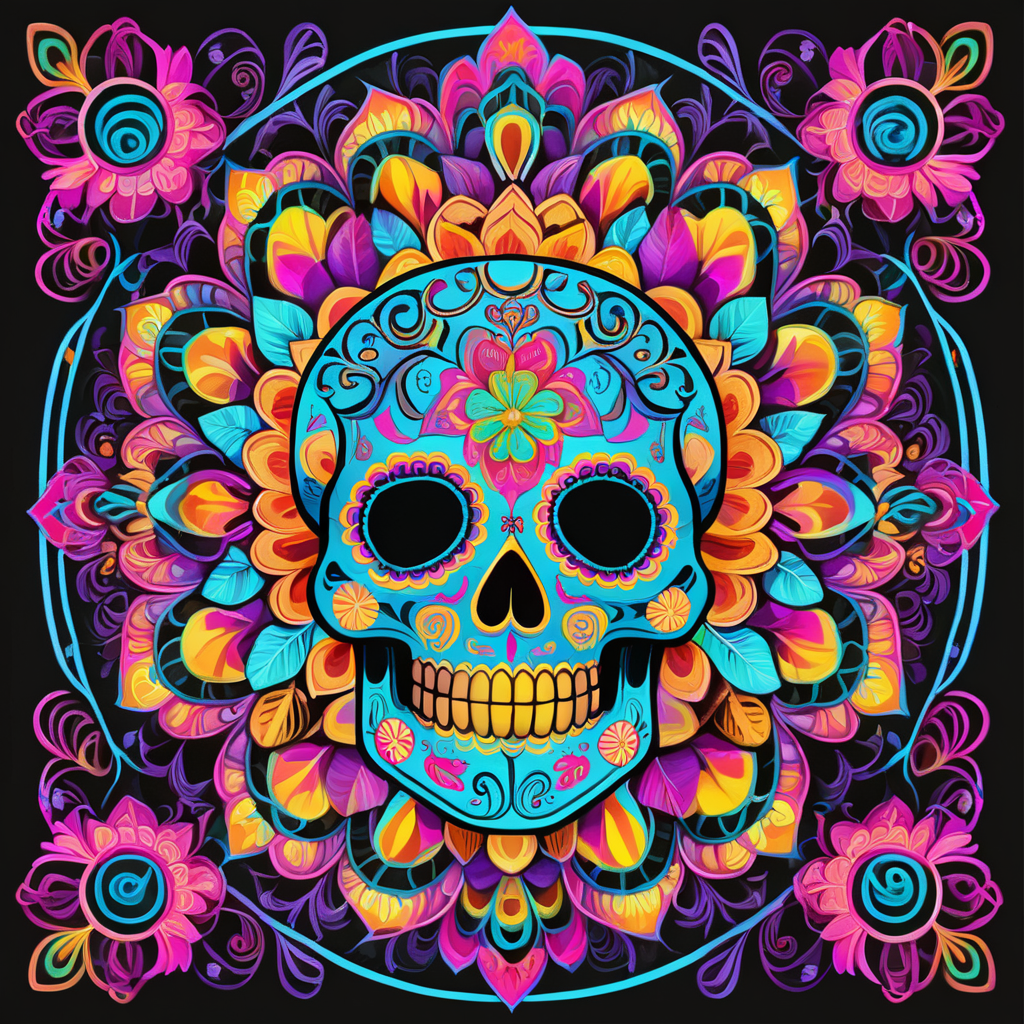 bright neon colors, high details, symmetrical mandala, strong lines, day of the dead, candy skull