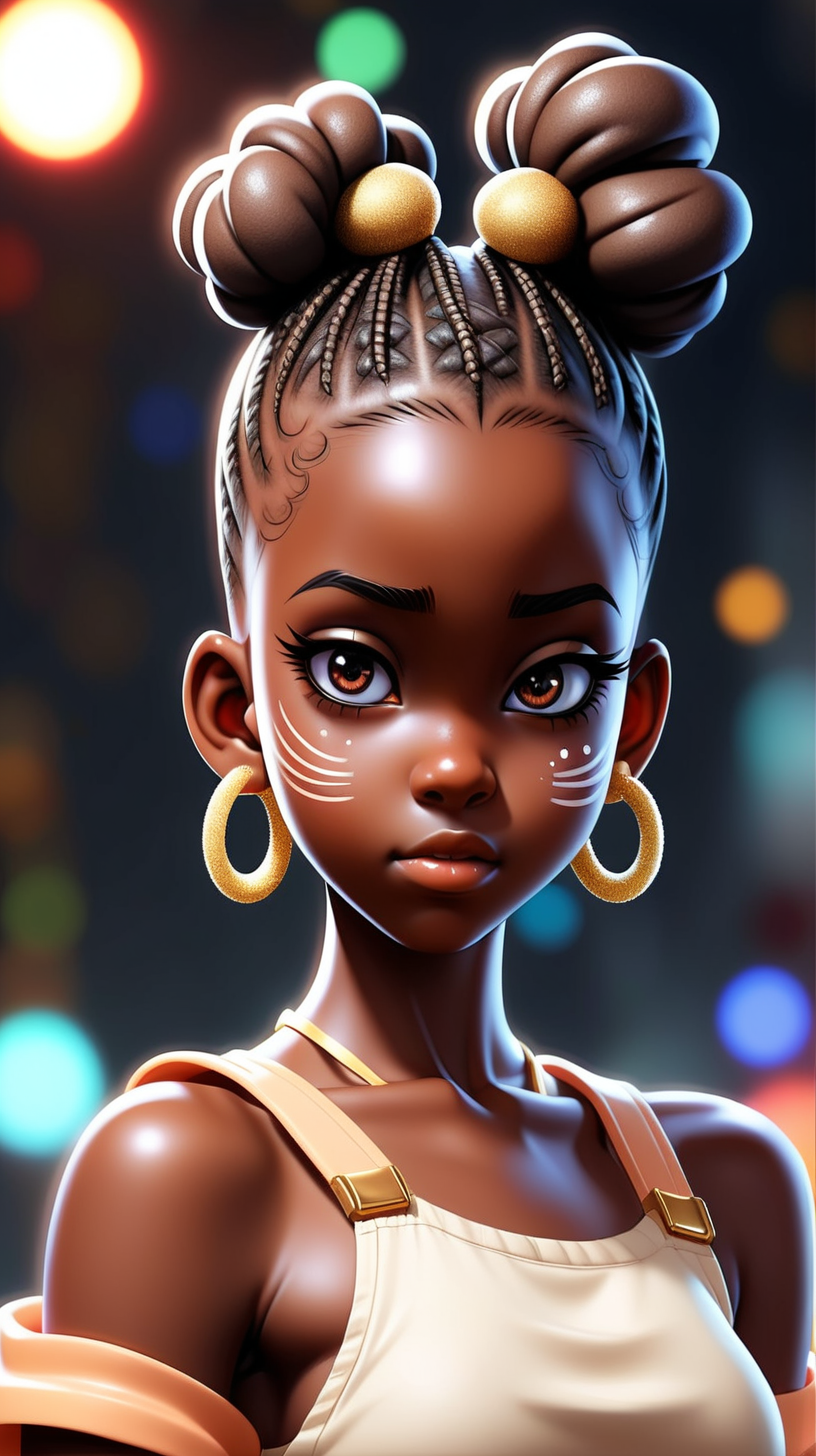 a African girl with buns braded banes  pretty shiny face with a little glitter on the side of the side of there eye's  anime