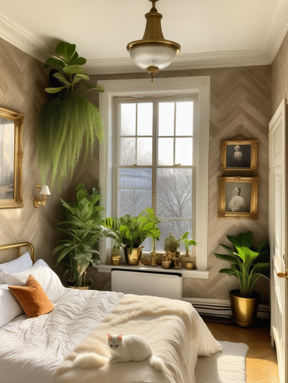 paris interior bedroom with window on left,  front angle on bed, 
light herringbone parquet, plants in brass pots, brass vintage handles on the window, white cat on velvet bed, cape may cobblestone color of walls and ceiling, vintage pictures on wall in brass frame
