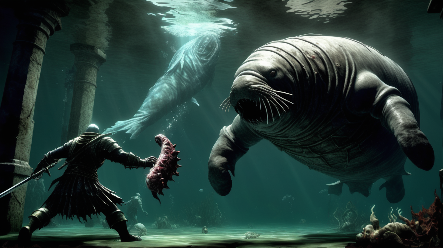 An underwater dark souls boss fight against a