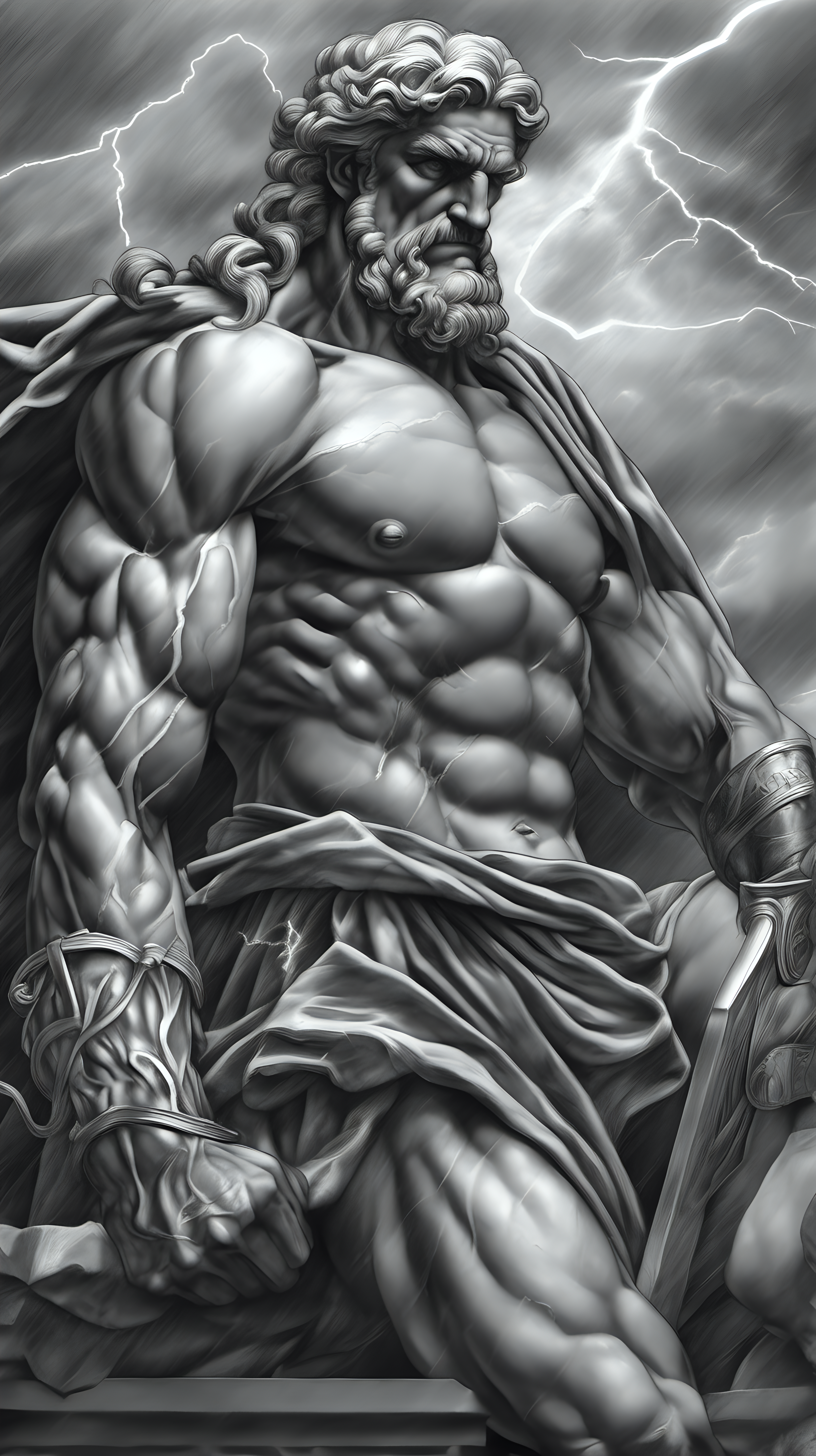 /imagine prompt : a hyper realistic black and gray Michelangelo drawing, feautering  gods & goddesses greek mytology titan war

-no cut
<background>thunder and lightning
<style>pencil drawing
_ar 9:16