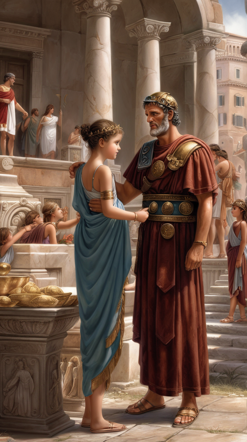 In ancient Rome, a father sells his daughter. There are many people around