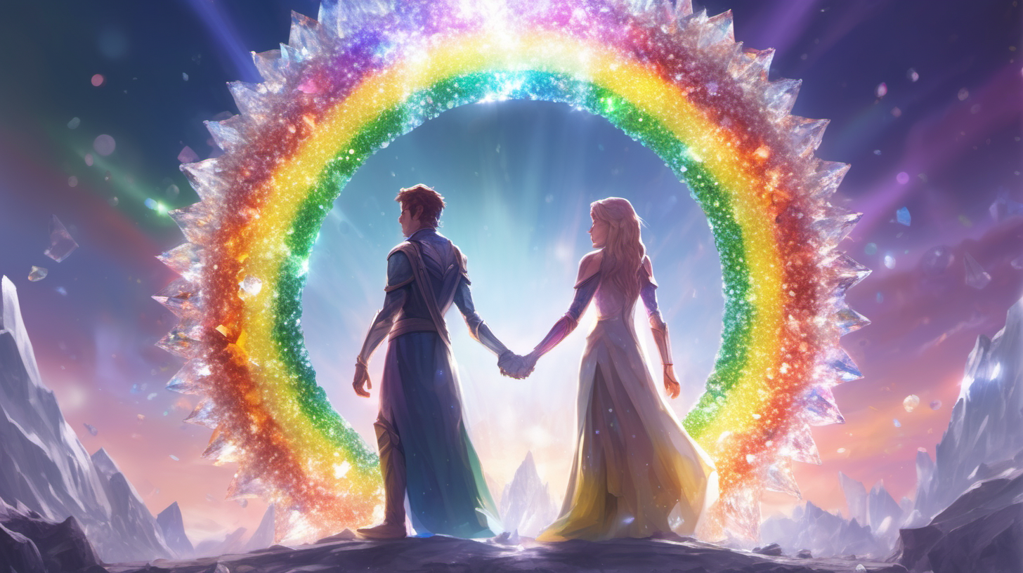 The hero and heroine coming together in pure light, rainbow circle of crystals surrounding them both as they hold hands and stare at each other, 