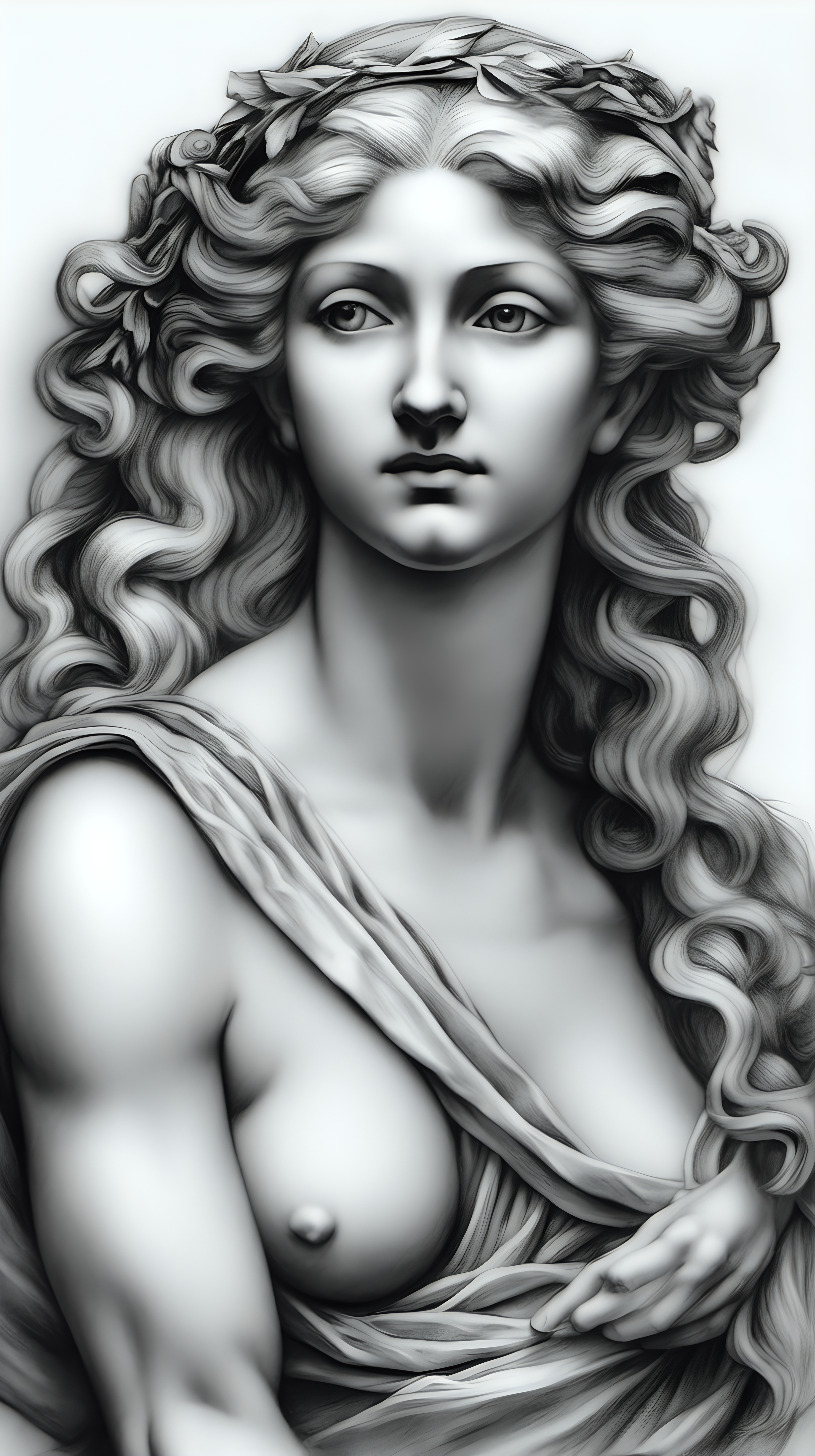 /imagine prompt : a hyper realistic black and gray Michelangelo drawing, feauteted a beautiful aphrodite, godess greek mytology
/describe : whole subjects in the box
-no cut
<background>white papaer
<style>pencil drawing
_ar 9:16