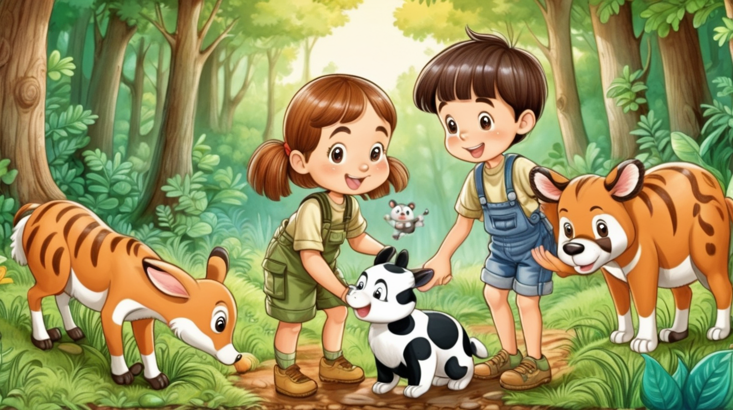 cartoon boy and girl helping the animals in