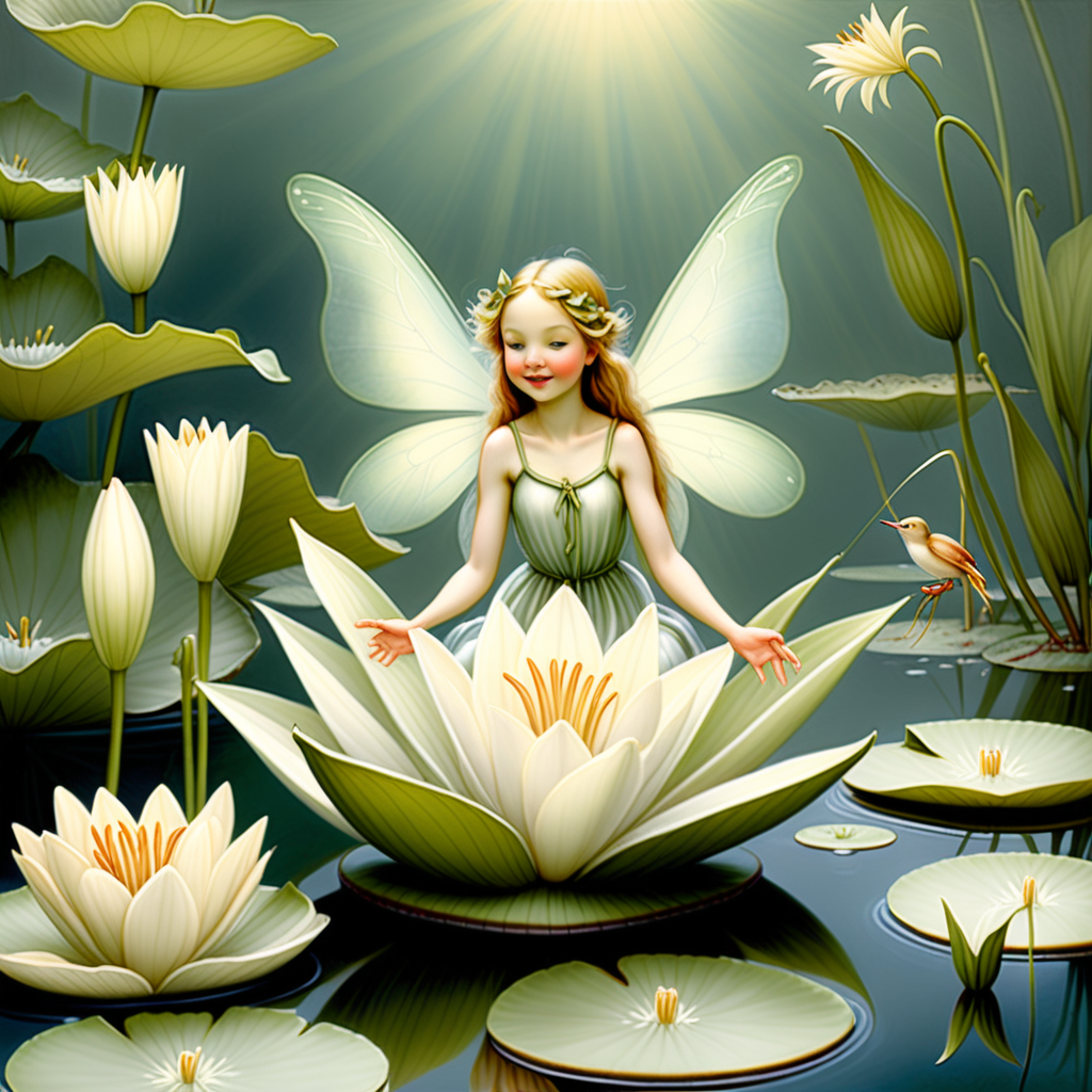  Imagine a fairy perched on a lily pad, singing a sweet serenade, surrounded by aquatic flora, echoing Cicely Mary Barker's ethereal portrayal of nature.