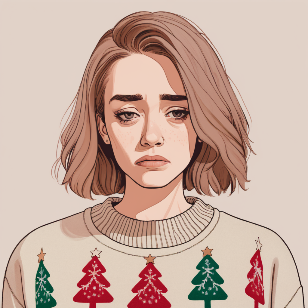 In muted colors: a woman looking sad wearing a Christmas jumper on a blank light-colored background